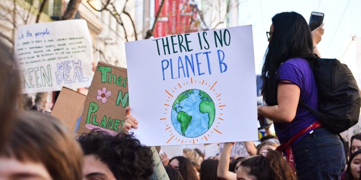 Demonstranten mit einem Schild "There is no Planet B".